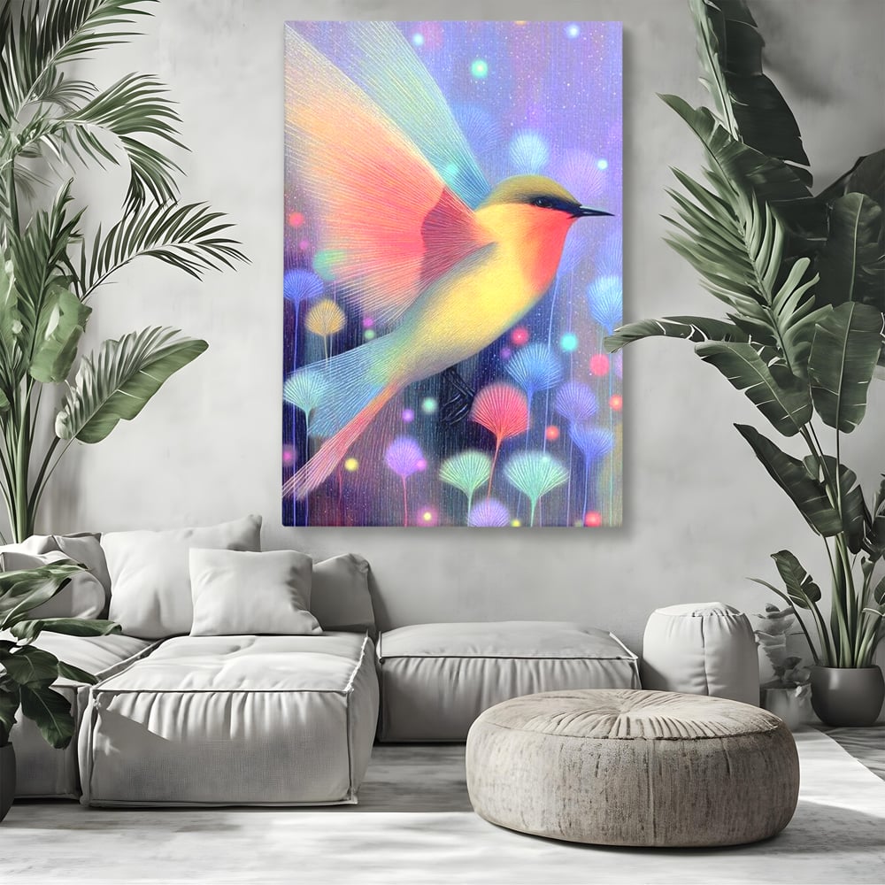 Tablou canvas cu tablou canvas cu pasare fantastica zburand, fara rama, pe sasiu de lemn, pe perete intr-un living